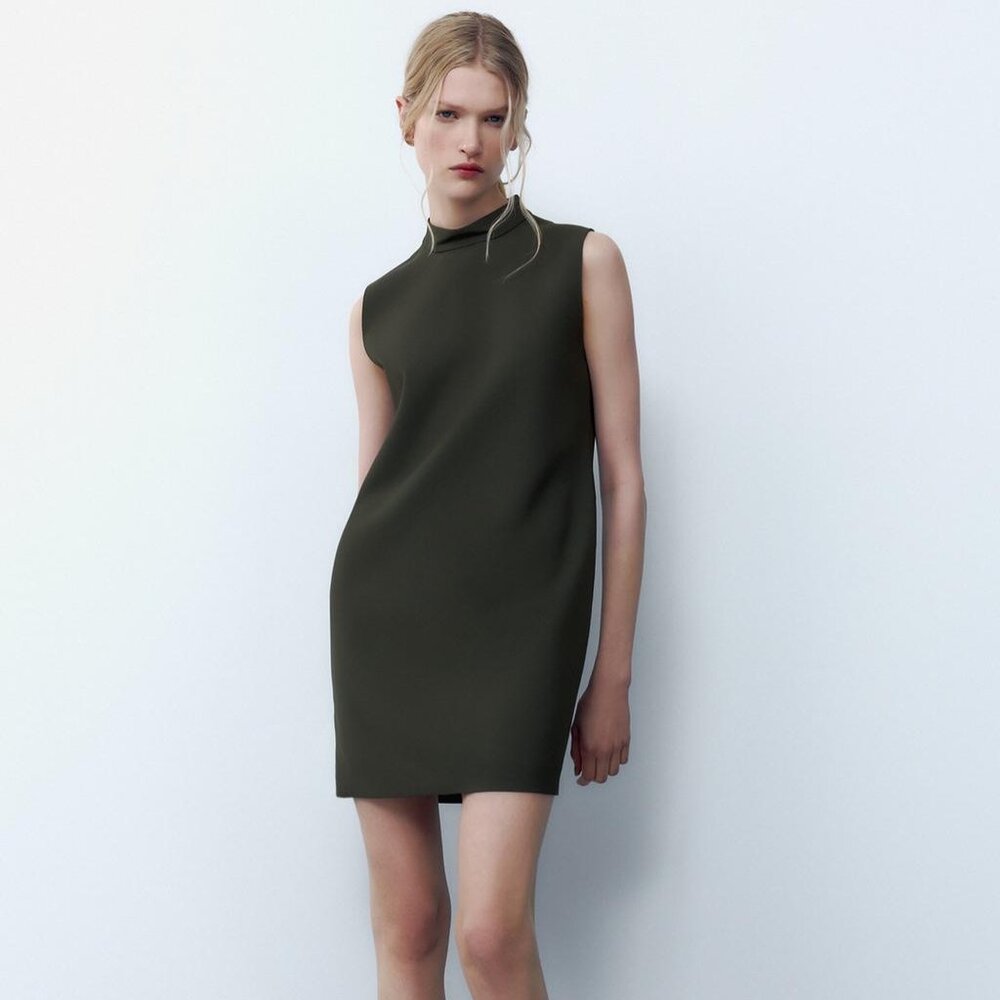 Zara NWT ZW Collection Sleeveless Mini Dress Khaki Green Summer Spring Size L